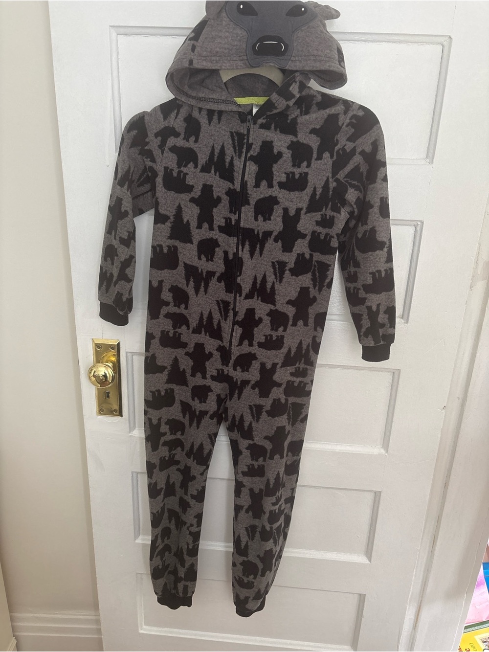 George Gray and Black Bear-Print Hooded Kids One-Piece